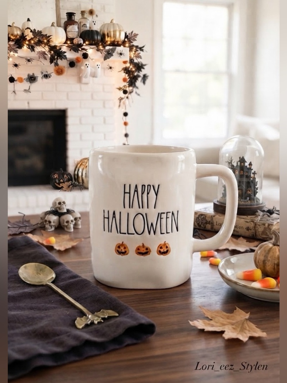 Rae Dunn White "Happy Halloween" Ceramic Mug with Pumpkin Icons
